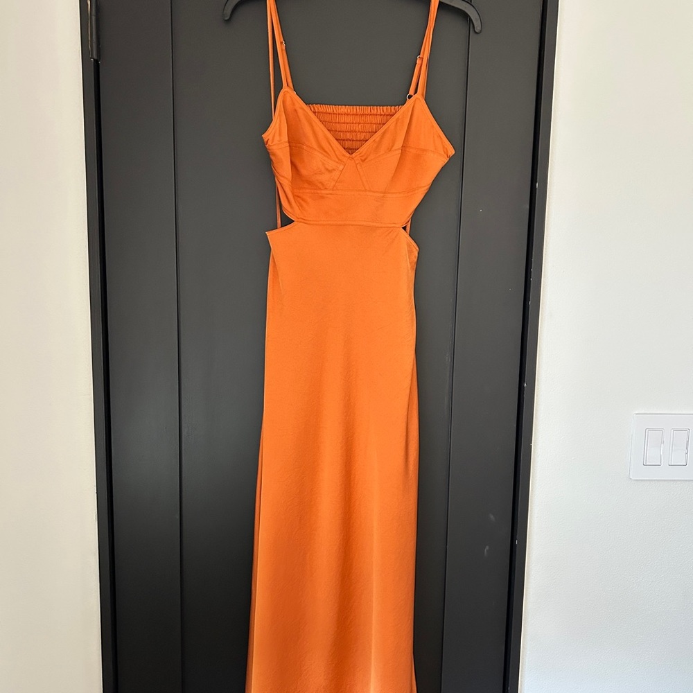 A.L.C. Blakey Cut-Out Satin Midi Dress Smocked Back Rust Orange Size 4 - Picture 11 of 13